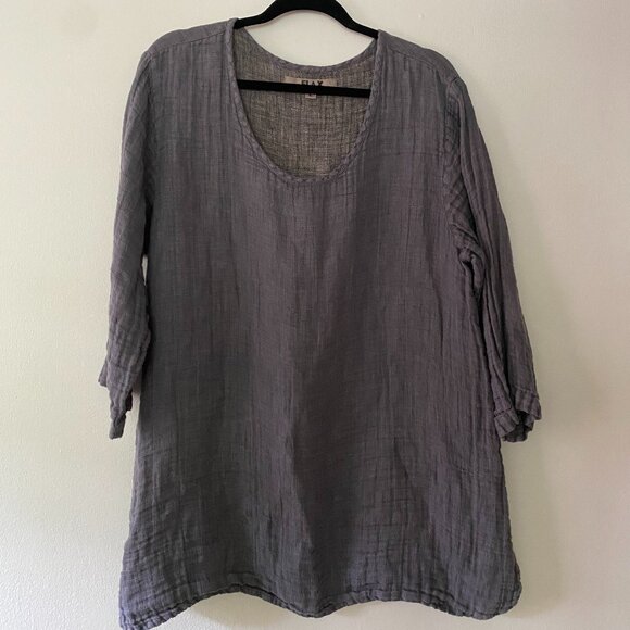 FLAX 3/4 Linen Tunic Blouse Grey / Blue Large Boho Summer Artsy - Picture 1 of 8